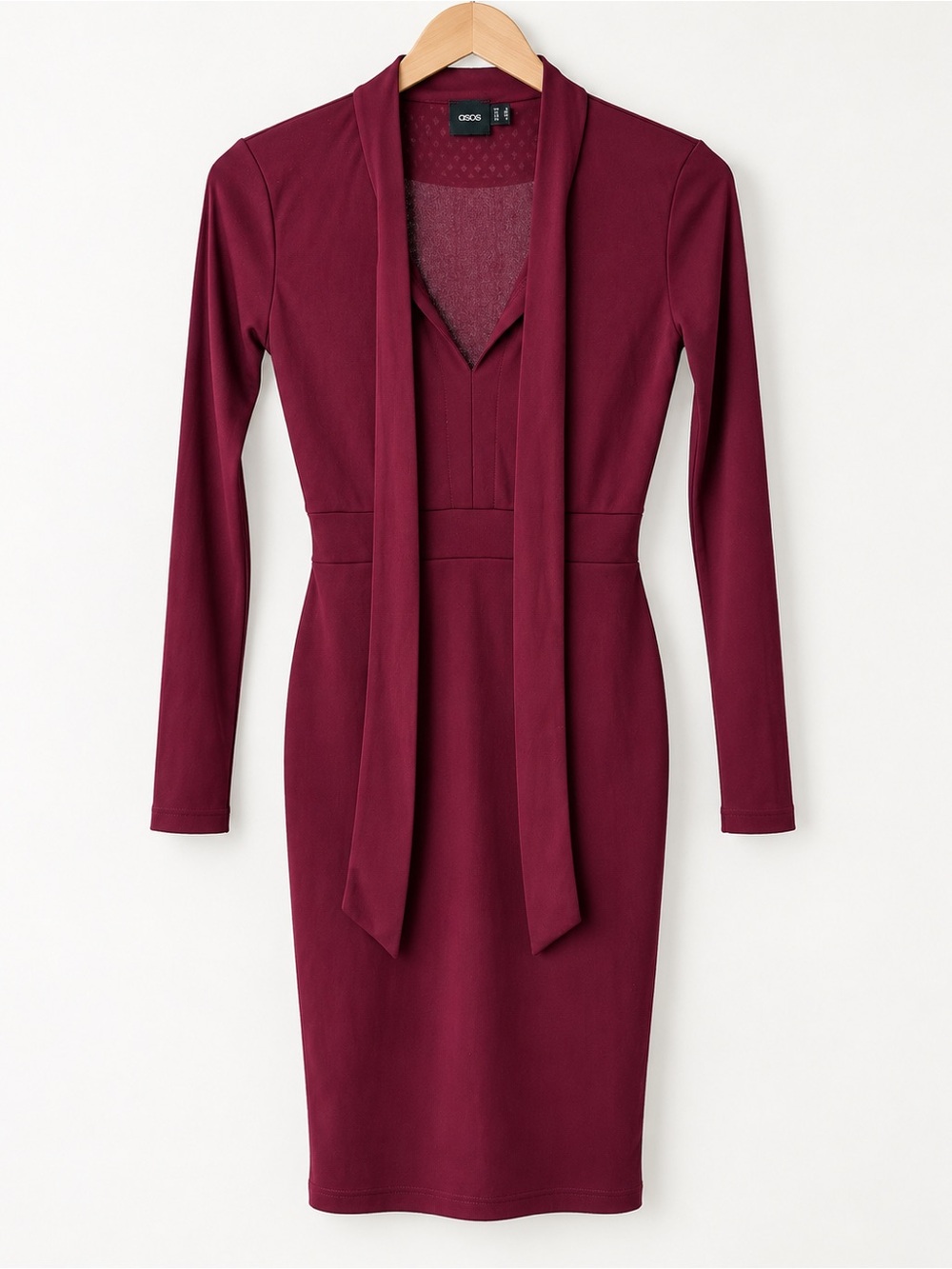ASOS Burgundy Long-Sleeve Tie-Neck Sheath Dress